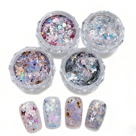STEEL-LAND Silver Glitter Nails Set of 4 Shape Heart Star Round Hologram Glitter Powder for Gel Nails, Mixed Size, Sequins Nail Art Deco Parts, Containers (Various Colors)