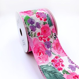 Designer’s Shop Holiday Floral, Butterfly on Burlap Wired Edge Ribbon 2.5” x 10 Yard for DIY Crafting, Home Décor, Tree Wreath Decorating (Pink Rose) WR 63-5200