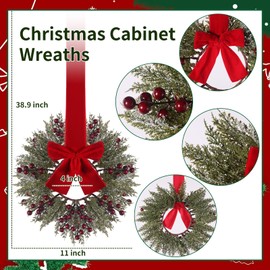 6 Pcs Christmas Kitchen Cabinet Wreaths with Red Berries and Ribbon 13'' Small Christmas Wreath Decorations with Farmhouse Decoration Artificial Hanging Garlands for Front Door Window Wall