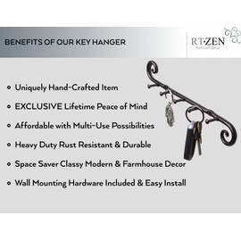 RTZEN Farmhouse Small Key Holder for Wall - Handcrafted Swirl Decorative 5 Key Hooks for Home Entryway - Wrought Iron Wall Mount Rack Purse Coat and Leash Holder or Organizer (Classic Black)