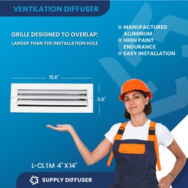 4" x 14" Duct Hole [5.6" x 15.6" Face] Aluminum 1-Way Vent Cover: Adjustable Curved Blade Air Supply Diffuser - Plastic Seal for Tight Fit, Quiet Air Flow, Multi-Shutter Damper