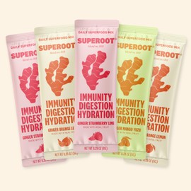 SUPEROOT Natural Ginger Shot + Superfood Drink Mix – Immunity, Hydration & Wellness + Vitamin C Blend – Powder Juice Mix for Detox (Contains Stevia) – 12 Count (12 count, Variety Pack)