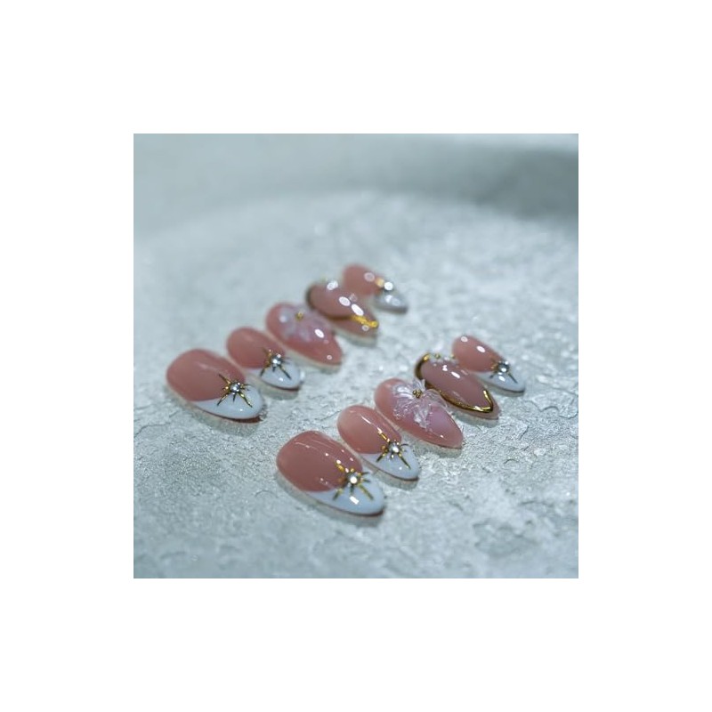 Uñas Postizas Francesas Cortas Marrones con Diseño de Diamantes de