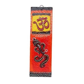 Orange Wooden Plank Om & Ganesh Symbol Wall Hanging new year Decoration With Handprinted Work Hand Decorated Om Wall Hanging for Living Room Bed Room Temple Yoga Room Gift (Size-13''X4'')