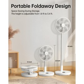 TriPole Oscillating Fan Portable Quiet Standing Fan with Remote, 12" Rechargeable Pedestal Fans for Bedroom Office, Foldable Battery Powered Travel Fans, Adjustable Height, 8H Timer, 6 Speeds, 44.4Wh