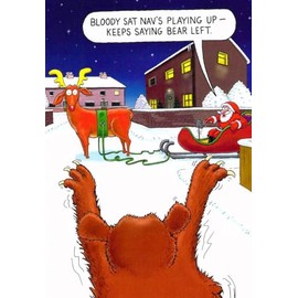 Funny Santa Sat Nav Bear Left Christmas Card – Traditional Humour Xmas Card