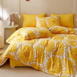 CLOTHKNOW Yellow Sunflower Duvet Cover Set - Queen Size, 3-Piece Yellow White Floral Bedding Set with Botanical Comforter