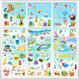 134Pcs Summer Window Clings, Summer Themed Window Stickers Kit - 9 Sheets of Beach and Vacation Decor for Glass, Walls, and Windows - Ideal for Home and Office(8x12inch)