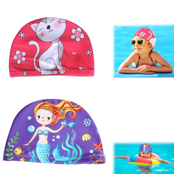 2 x Children's Swimming Caps, Cute Children's Swimming Cap, Swimming Cap, Cartoon Polyester Elastic Swimming Cap for Boys Girls 1-8 Years Old