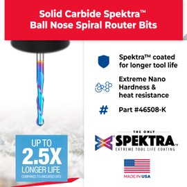 Amana Tool Solid Carbide Up-Cut Ball Nose Spiral Router Bit for Wood, Plastic, MDF, Foam, 46508-K, 3/16 Dia x 1 Inch x 3/16 Shank Spektra Extreme Tool Life Coated