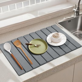 Stone Dish Drying Mat, 24"x16" Dish Drying Mat for Kitchen Counter, Large Collapsible Stone Drying Mat, Foldable & Absorbent Dish Drainer Mat for Dishes and Cups(Grey)