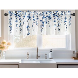 Watercolor Blue Leaves Window Valance for Bedroom Living Room, Grey Leaf Vine Plant Curtains Valanes for Windows, 3" Rod Pocket Window Treatment for Season Home Decorations, 54 x 18 Inch, 1 Panel