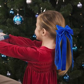 Velvet Elastic Hair Tie 11 Inch Long Velvet Ribbon Bowknot Headwear Fall Winter Ponytail Hair Accessories for Women Girls, Blue