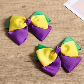 Mardi Gras Hair Bow Clips 3.5" Girls Kids Fat Tuesday Ribbon Cheer Bow Hair Pins Piece Women Circus Carnival Parade Outfit Costume Masquerade Party Decor Accessories Gift 2pcs