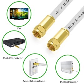 Sterndiscount 9 m SAT TV Coaxial Cable 135 dB Ultra HD 4K Satellite Cable 5-Way Shielding DVB-S2 DAB Gold-Plated F-Connector for Satellite System, Cable Modem with F-Connector 75 Ohm White