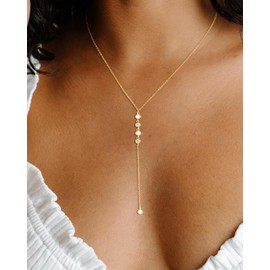 Dainty Long Necklace 14K Gold Plated Y-Shaped Pendant Necklace Trendy Layered Cz Beaded Chain
