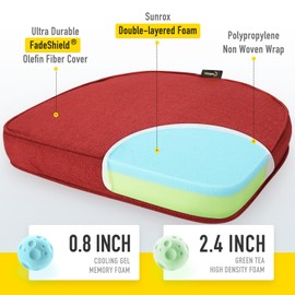 SUNROX Gel Memory Foam Chair Cushions, FadeShield Water-, Stain-Resistant Durable Reversible Seat Cushion Pads with Ties for Indoor/Outdoor Kitchen Dining Office, 19"x19", Set of 4, Burgundy