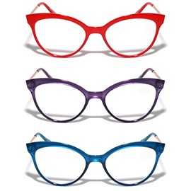 V.W.E. 3 Pairs Women Cateye Pointed Tip Reading Glasses - Metal Temple Cat Eye Readers (Red Purple Blue, 1.75)