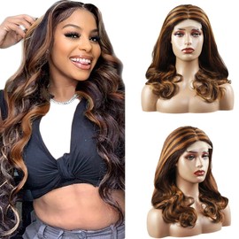 Creuost Body Wave Wig 4X1 T-Part Lace Frontal Human Hair Wigs No Tangle Pre Plucked Glueless Brazilian Remy With Baby Hair For Women p4/30 Highlight Brown Color 34 Inch