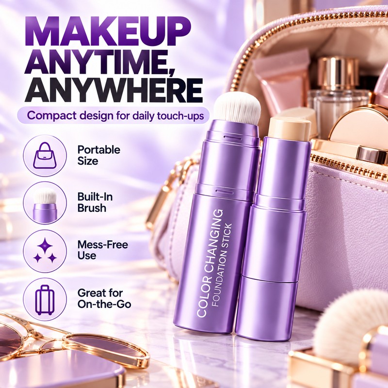 2-in-1 Color-Changing Foundation Stick with Built-In Brush, Natural Shade