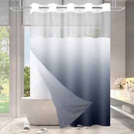 TWLSNCD No Hook Ombre Blue Shower Curtain with Snap in Fabric Liner Set, Modern Hotel Style Design for Bathroom, Double Layer Ringless with See Through Mesh Top Window, 71" x 74"