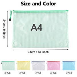 Pack of 15 A4 Document Bags with Zip, Waterproof Document Bag Zipper Bag for School, Office, Travel & Home (5 Colours)