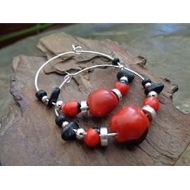 ✿ NATUR PALMSAMEN KOKOS STEIN SCHWARZ ROTE TRIBAL CREOLEN ✿ Südamerikanische Ohrringe, Bolivien, Huayruro, Inka Ohrringe