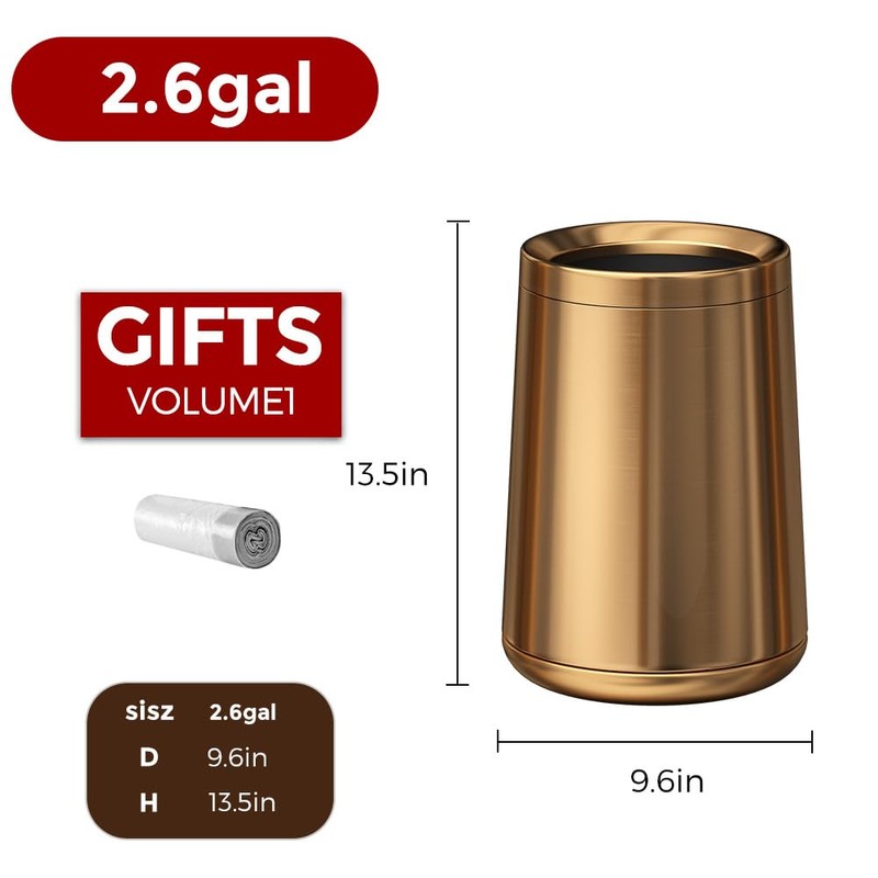 LEASYLIFE 10L/2.6 Gallon Rose Gold Stainless Steel Trash Can,Brush Gold