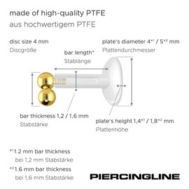PIERCINGLINE PTFE Labret with Internal Thread Titanium Attachment 3 Balls Piercing Lip Nose Ear Helix Choice of Colours and Sizes, PTFE / titanium (grade 23)
