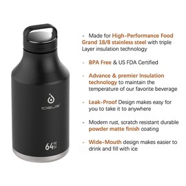 IDEUS Insulated Stainless Steel Water Bottle with 2 Leak-Proof Lids, Thermal Water Flask for Hiking Biking, 64oz, Black