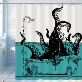Longan Craft Cool Octopus Shower Curtain Funny Kraken in The Bathtub Shower Curtain for Bathroom 72x72 Inch Waterproof Fabric Bathroom Curtain with 12 Hooks Ocean Sea Teal Bath Curtain Bathtub Decor