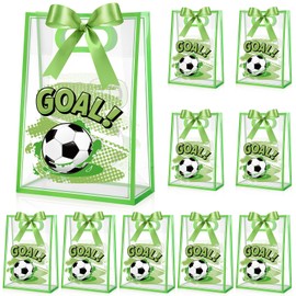 Aliceset 12 Pcs Soccer Clear Goodie Bag with Die Cut Handles and Ribbons Sport Theme Party Favor Bags for Soccer Team Snack Wrapping Teamer Gifts Birthday Party Treats Supplies, 7x10x3.15 Inch