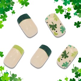 BABALAL Square Press on Nails Short Green Glue on Nails St Patrick's Day Acrylic Nails with Shamrock design Squoval Nails for Women and Girls