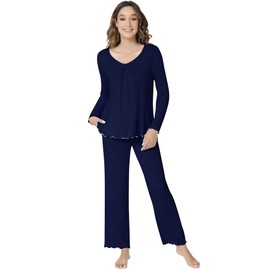 NACHILA Women's Pajamas-Viscose Made from Bamboo, Long Sleeve Pajama Sets with Pants Pleated Pjs Soft Sleepwear with Pockets Navy Blue M