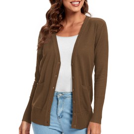 Urban CoCo Women's Button Down Lightweight Knit Cardigan Sweater with Pockets (M, Brown)