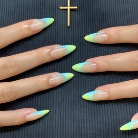 ANDGING Almond French Tip Press on Nails Neon Medium Length Fake Nail with fake Acrylic Short fake on Nail with Designs Aesthetic Gel Manicure False Stick ons Nail for Girls Wedding