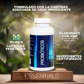 Essentials PROBIÓTICOS Y PREBIÓTICOS | Mezcla de 7 cepas | Contiene FOS | 60 Cápsulas de origen Vegetal | Salud y Bienestar con Essentials