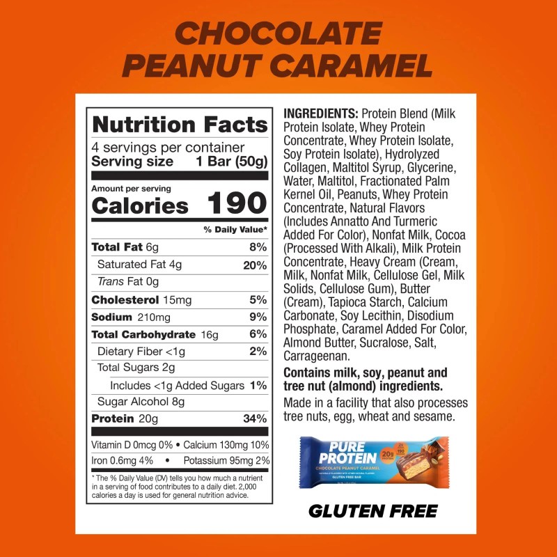 Pure Protein Bars, Chocolate Peanut Caramel, 20g Protein, Gluten Free,