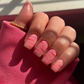 24Pcs French False Nails Short, Square Glossy Press on Nails with Glue Stickers, Glossy Full Cover Acrylic Nails Pink Red Waves Artificial Fake Nails for Women and Girls Nail Art