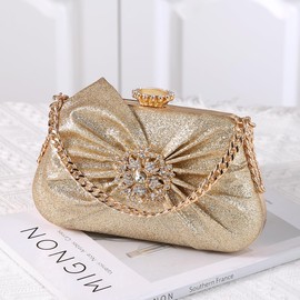 Faibiules Women's Fashion Rhinestone Beaded Evening Bag Bowknot Infront Clutch Handbag, Golden