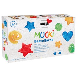 KREUL Mucki 24160 Craft Paint, 6 x 80 ml in White, Yellow, Red, Blue, Green and Black, Children's Paint, Water-based, Paraben-Free, Gluten-Free, Lactose-Free, Vegan, Washable, Can be Painted with Brush