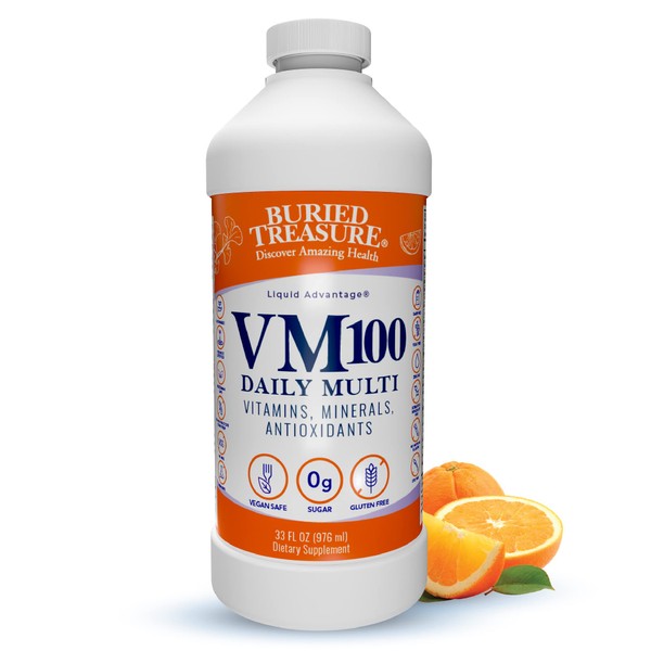 Buried Treasure VM100 Complete Daily Liquid Vitamins and Minerals plus Antioxidants Supplement for Maximum Absorption Great Tasting Orange Zest Flavor 32 Servings 32 Ounce