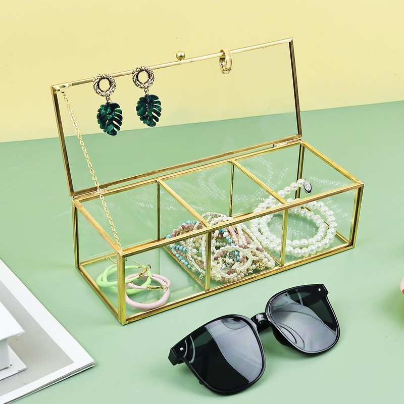 HighFree Gold Glass Tea Bags Box with 3 Compartments, Countertop