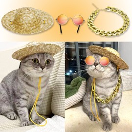 6PCS Pet Dog Cat Costume, Retro Pet Sunglasses, Adjustable Gold Chain Collar & Straw Hat, Funny Pet Accessories for Cat Puppy Small Medium Dog Birthday Cosplay Party