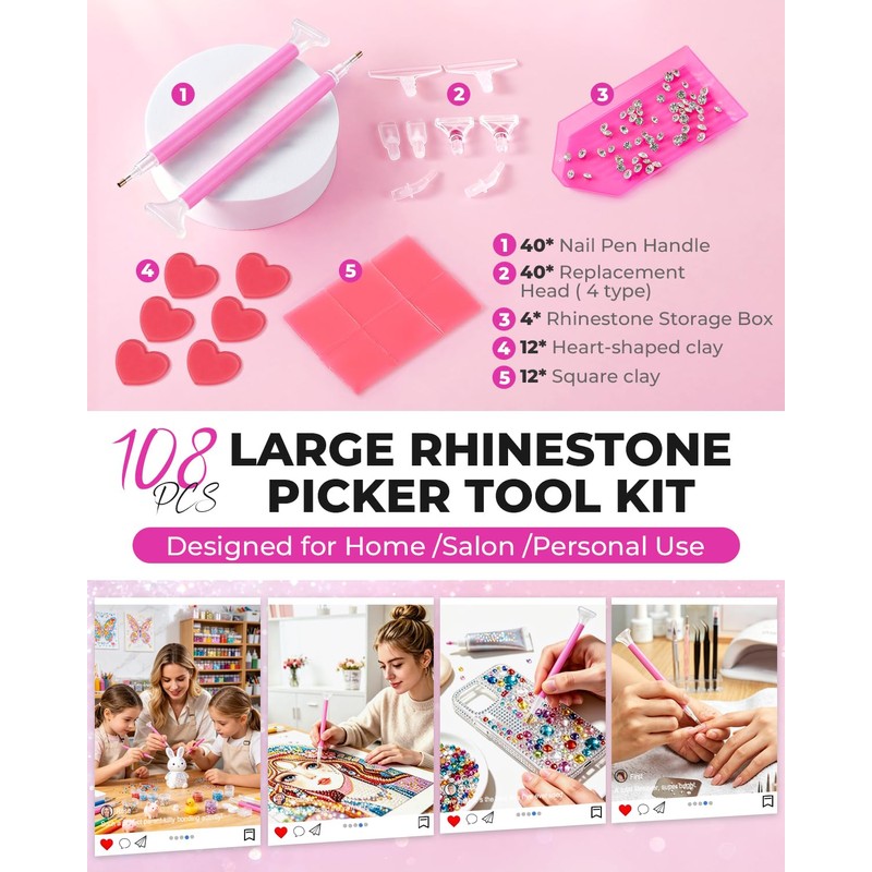 108Pcs Rhinestone Picker Tool Kit: 40Pcs Dual-Ended Handle, Bedazzling Tools
