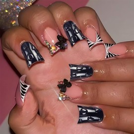 Press on Nails Short Duck Nail Press Ons Black White Stripe French Tip Fake Nails with Design 3D Rhinestone Bow Drip Gel Glue on Artificial Acrylic False Nails Stick on Nail for Women 24 Pcs