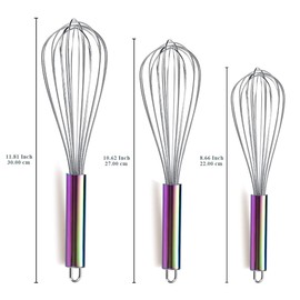 Berglander Rainbow Handle Whisk Pack of 3 Stainless Steel 8",10",12", Titianium Plating Colorful Handle Whisks for Cooking, Beater,Wire Whisk Set Kitchen Wisk (Rainbow Handle)