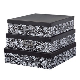 Soul & Lane Modern Botanical Decorative Cardboard Boxes with Lids, Set of 3 Black and White Floral Letter Storage for Documents, Memory Boxes for Keepsakes, Photos, Scrapbooks
