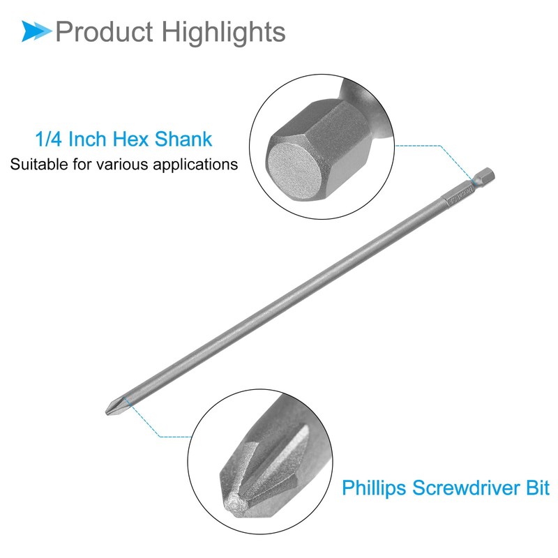 CoCud Phillips Cross Screwdriver Bits, 6mm PH2 200mm Long 1/4"