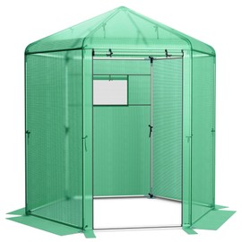 Giantex 7 x 6 x 7.5 FT Greenhouse, Large Hexagonal Walk in Greenhouse Outdoor with Heavy-Duty Metal Frame, 2-Layered Roll-up Windows, Ground Stakes, All-Weather PE Cover
